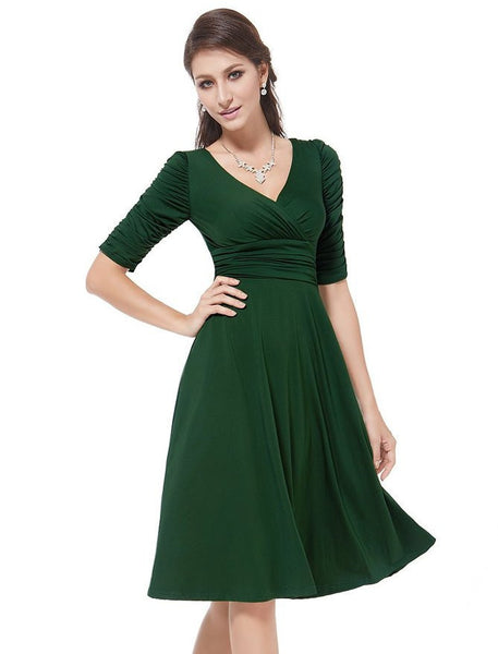Ever Pretty 3/4 Sleeve Ruched Waist Classy V-Neck Casual Cocktail Dress 03632