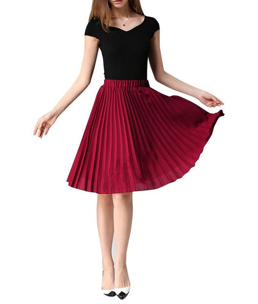 Women Skirt Knee Length Chiffon Pleated A-line Midi Skirts