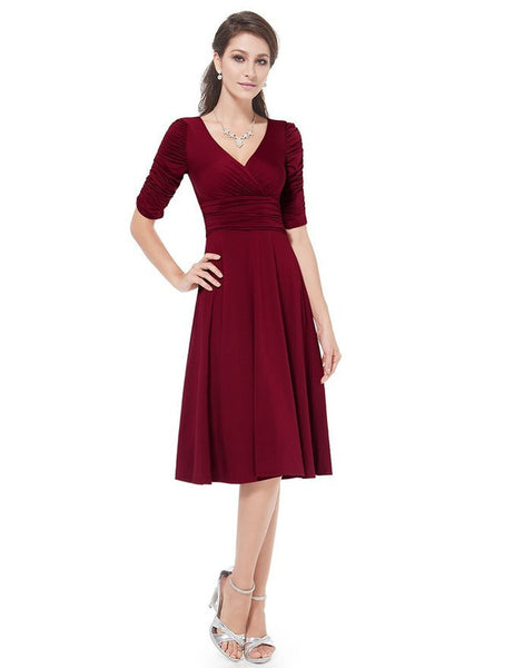 Ever Pretty 3/4 Sleeve Ruched Waist Classy V-Neck Casual Cocktail Dress 03632