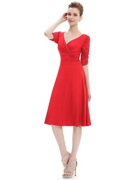 Ever Pretty 3/4 Sleeve Ruched Waist Classy V-Neck Casual Cocktail Dress 03632