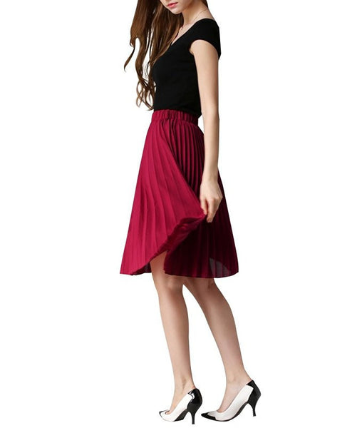 Women Skirt Knee Length Chiffon Pleated A-line Midi Skirts