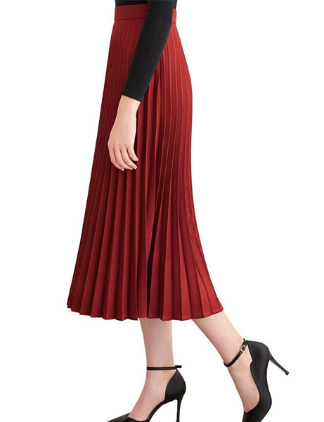 Simple Retro Women's High Waist Basic Pleated A-line Midi Skirt