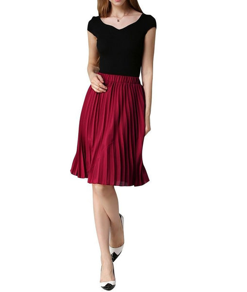 Women Skirt Knee Length Chiffon Pleated A-line Midi Skirts