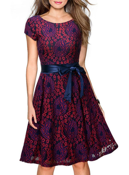 Miusol Women's Vintage Floral Lace Contrast Bow Cocktail Evening Dress