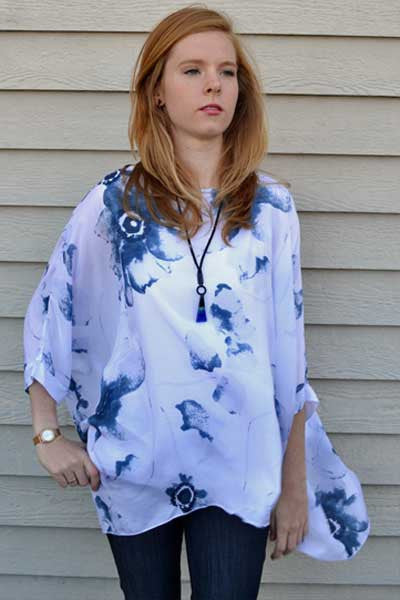 Silk Floral Top - Blue and White